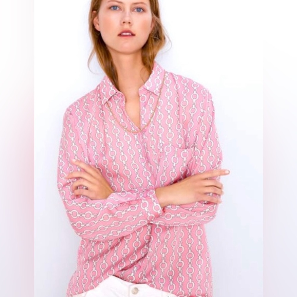 ZARA 💗⛓️💗 Beautiful Pink Chain Link Print Buttoned Blouse Top XS